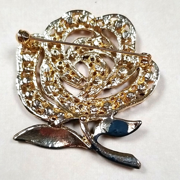 Vintage Black Enamel Rose Rhinestone Gold Tone Brooch - Picture 7 of 12